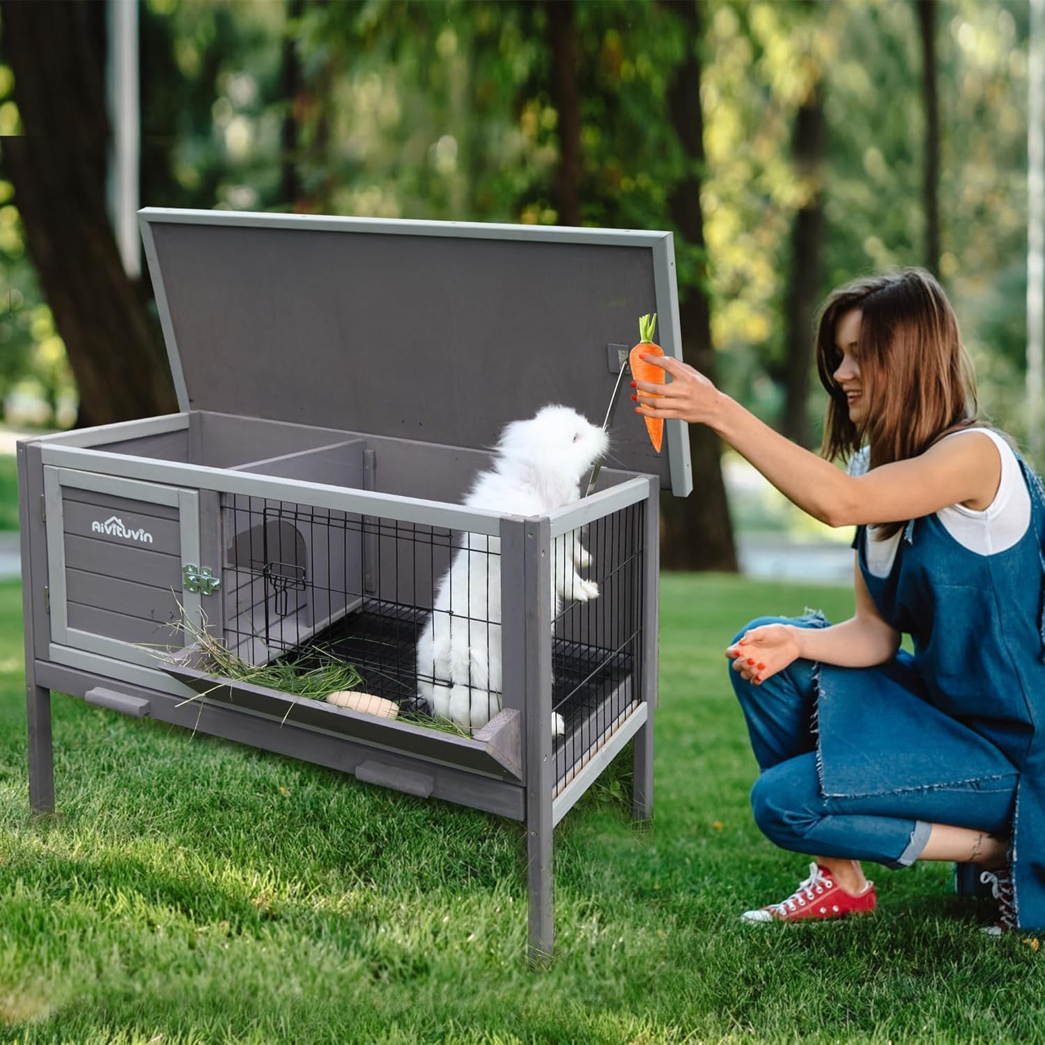 Aivituvin Rabbit Hutch, Wooden Bunny Cages Indoor with Deeper Leakproof Tray - Upgrade with Metal Wire Pan (Grey, Rabbit Hutch #001-B) Large