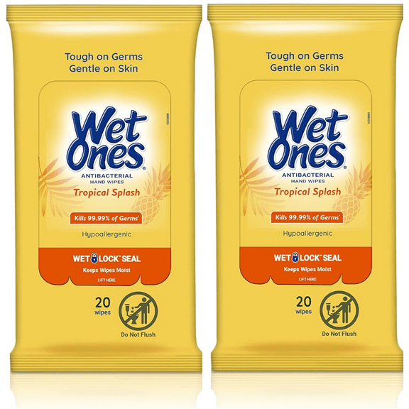 Wet Ones Hand And Face Wipes TROPICAL SPLASH PINEAPPLE SCENT Hypoallergenic With Wet Lock Seal 2 Pack 20 Wipes Per Pack (40)
