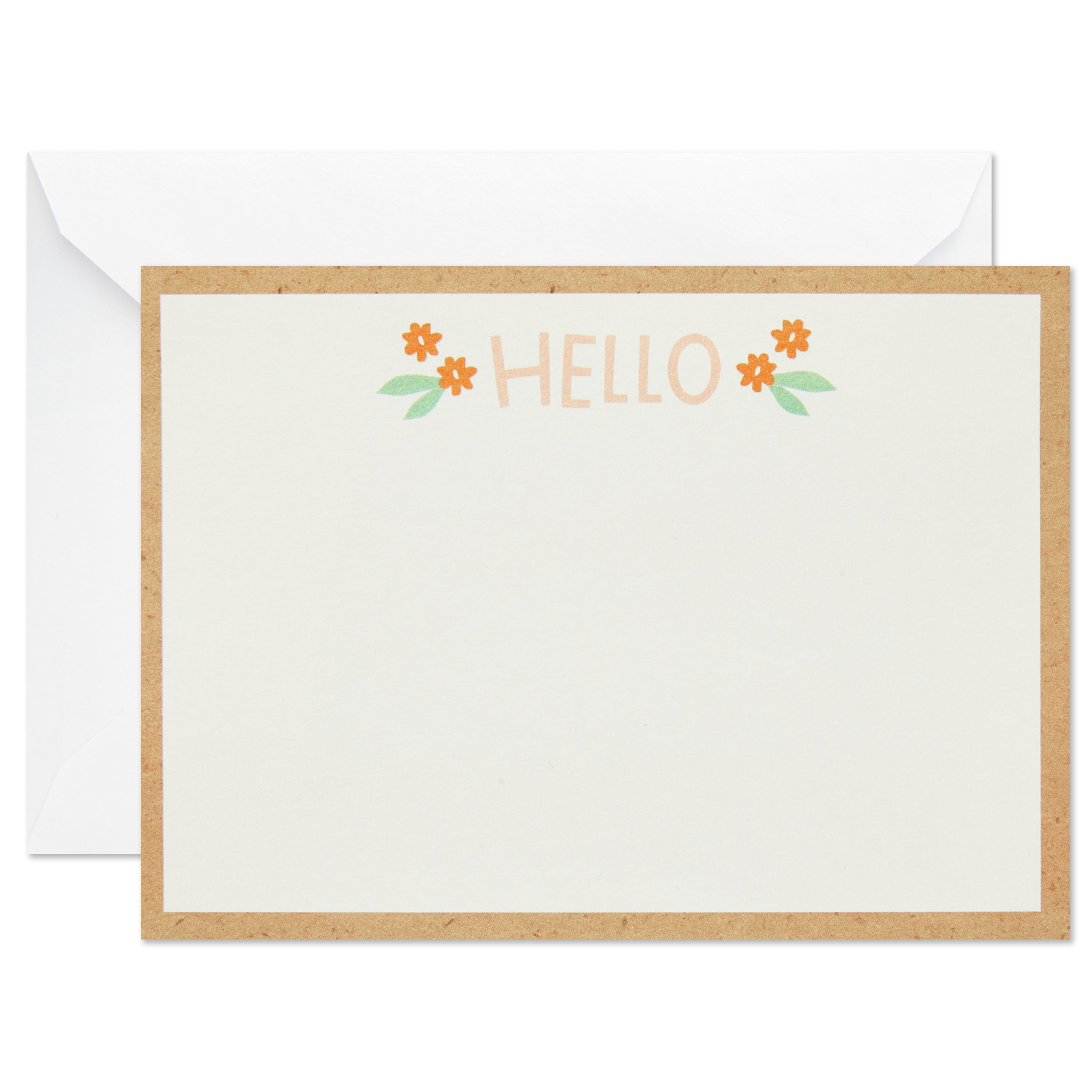 Hallmark Flat White 5.5" W x 4" H Note Cards in Caddy, Hello and Floral on Kraft, 40 Ct.