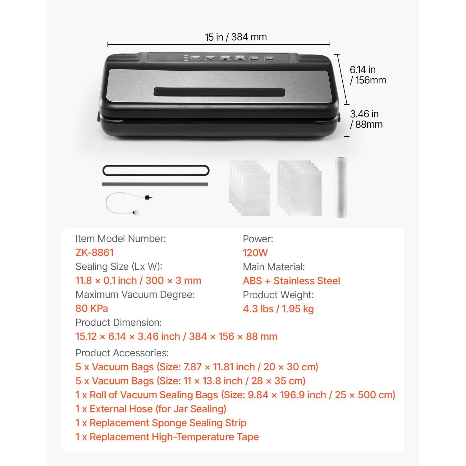 Vacuum Sealer Machine, 80kPa Powerful Suction, 7-in-1 Food Modes, 12" Heating Bar, Built-in Bag Cutter, Removable Drip Tray, for Home Kitchen Food Preservation