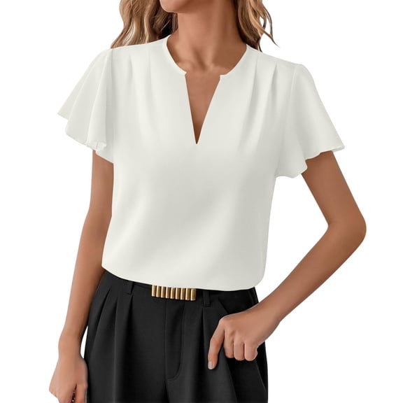 BLVB Blouses for Women Dressy Casual Summer Ruffle Short Sleeve V Neck Work Tunic Tops Busines Office Shirts