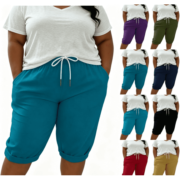 yillto Plus Size Capris for Womens Casual Dressy Pant Elastic Waist Cropped Trousers with Pockets 1X-5X