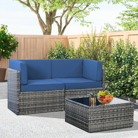 Danrelax 3 Piece Outdoor Patio Furniture Set, Outdoor Sectional Conversation Furniture Chair with Coffee Table,Patio Sectional for Garden,Backyard(Navy Cushions and Grey PE Rattan)