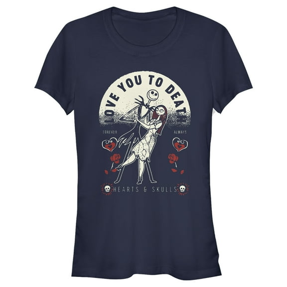 Junior's The Nightmare Before Christmas Valentine's Day Jack and Sally Love You to Death Graphic Tee Navy Blue Large