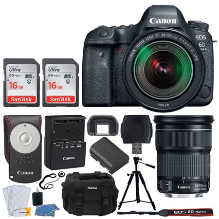 Canon EOS 6D Mark II DSLR Camera + EF 24-105mm f/3.5-5.6 IS STM Lens + 32GB Memory Card + RC-6 Wireless Remote + Vivitar DC59 Gadget Bag + Quality Tripod + USB Card Reader + Cleaning Kit - Full (Best Card For Canon 6d)