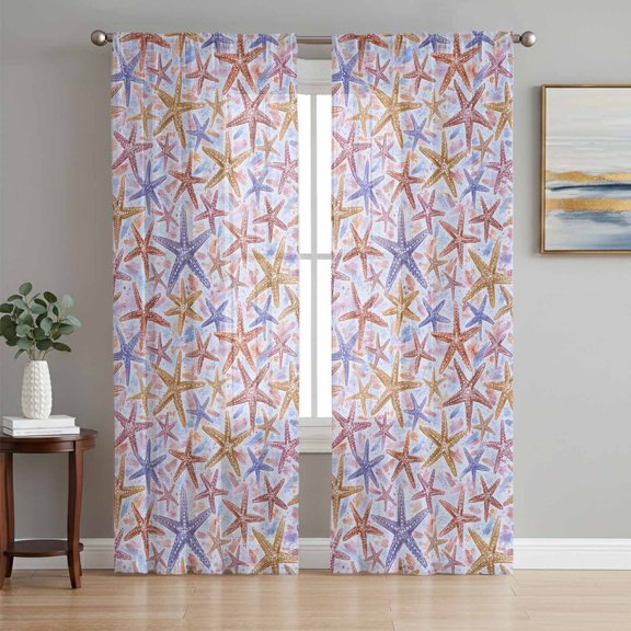 Ocean Starfish Sheer Curtains 84 Inch Length 2 Panels Set, Summer Coastal Marine Life Bohemia Voile Window Treatment Rod Pocket Curtains Sheers Drapes for Bedroom/Living Room/Kitchen 52"x84"x2