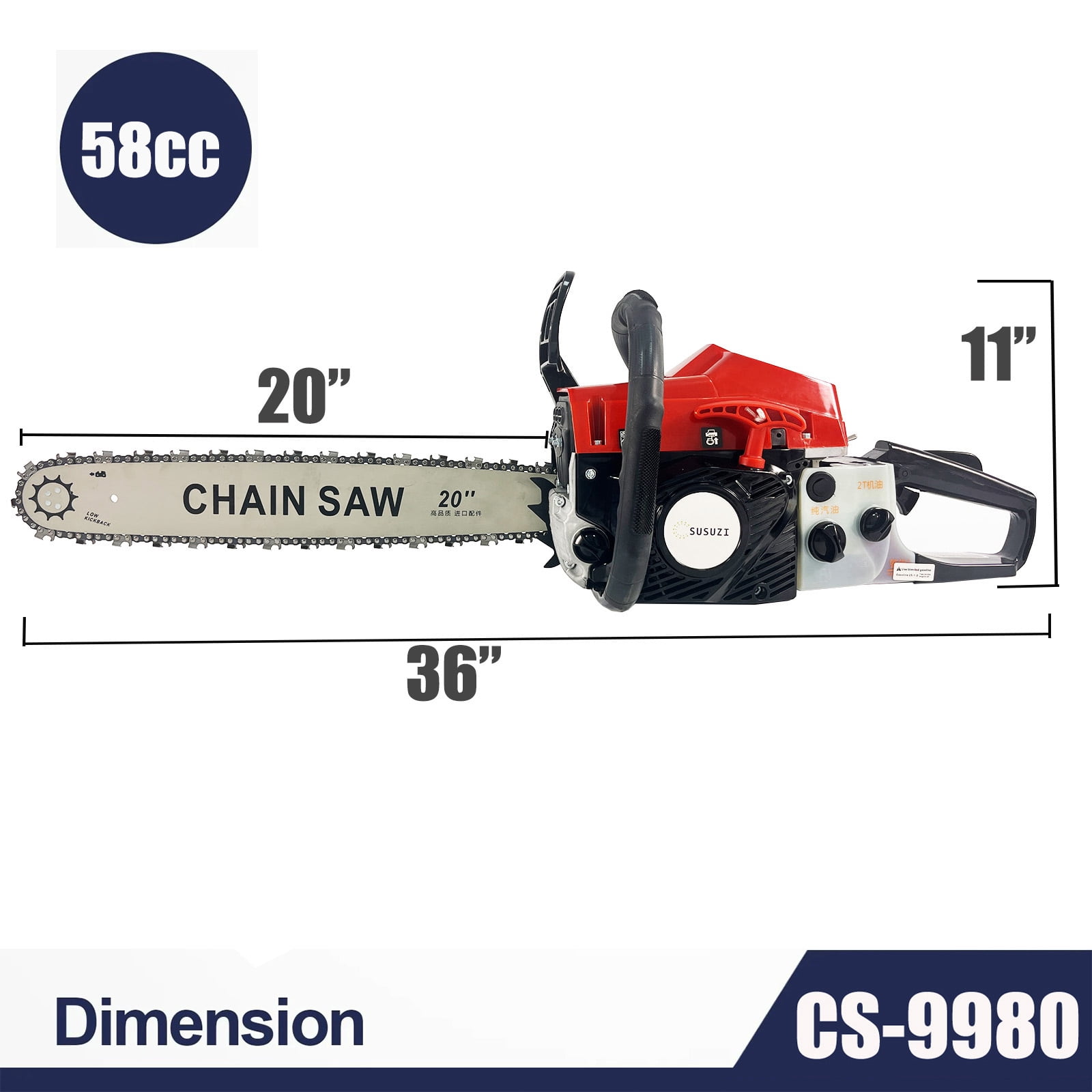 SUSUZI 20-inch Gas Chainsaw, 58CC 4-Stroke Engine, Auto Oiling & Fuel Mixing, Portable Cordless Chainsaw for Wood Cutting, Tree Trimming, Farm, Garden, and Ranch Use