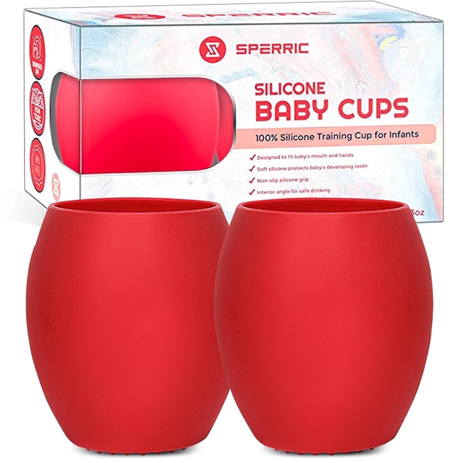 Sperric Silicone Sippy Cups for Infant’s First Stage Training -2 Pack No Spill Sippy Cups for Toddlers - Baby Sippy Cup for Led Weaning, BPA Free (Red)