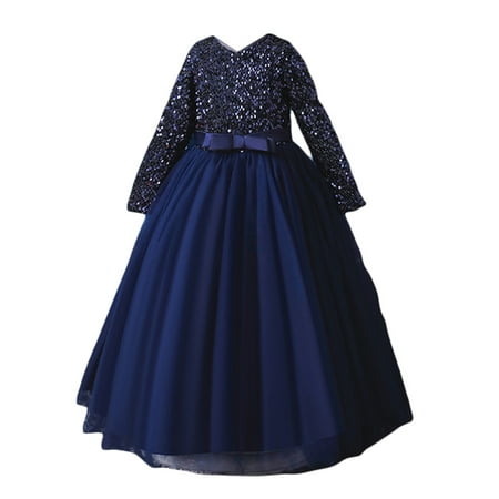 

Canrulo Kids Baby Girls Banquet Dress Long Sleeve Sparkly Sequins Bowknot Party Formal Princess Tulle Tutu Wedding Dress Navy Blue 4-5 Years