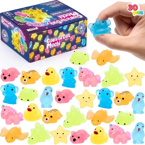 Joyfy 30PCS Glow in the Dark Mochi squishy toy Toys, Cute Party Favor Squeeze Toys for Kids, Stress Relief Fidget Toys for Classroom Prizes, Halloween, Christmas, Birthday Gifts