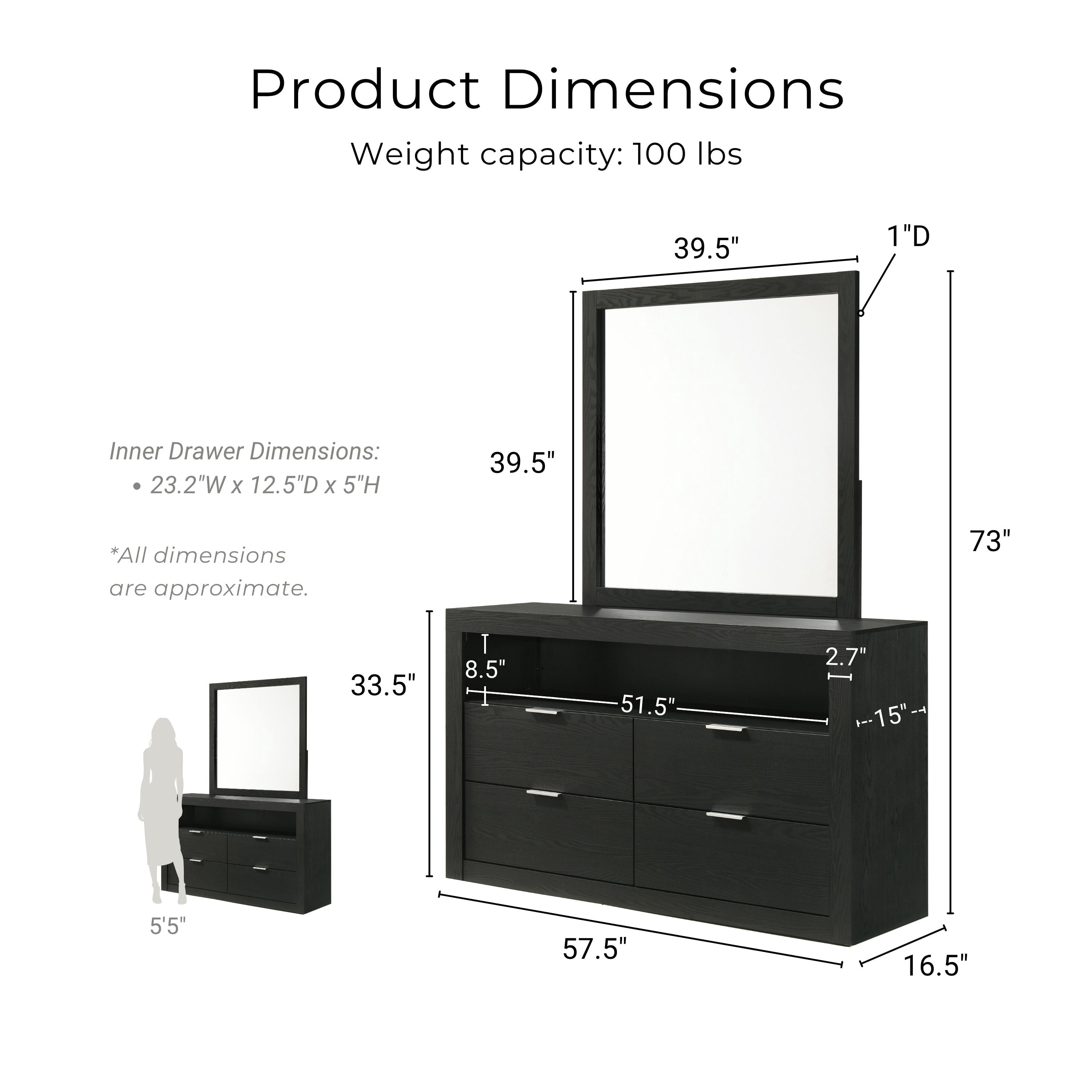 Furniture of America Talia Modern Solid Wood 4-Drawer Dresser with Mirror, Black