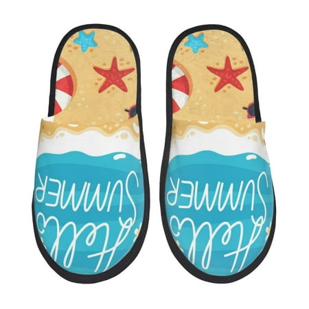 

Honeii Hello Summer1 print Slippers Memory Foam House Bedroom Slippers for Women and Men Fuzzy Plush Comfy Faux Fur Lined Slide Shoes-Large