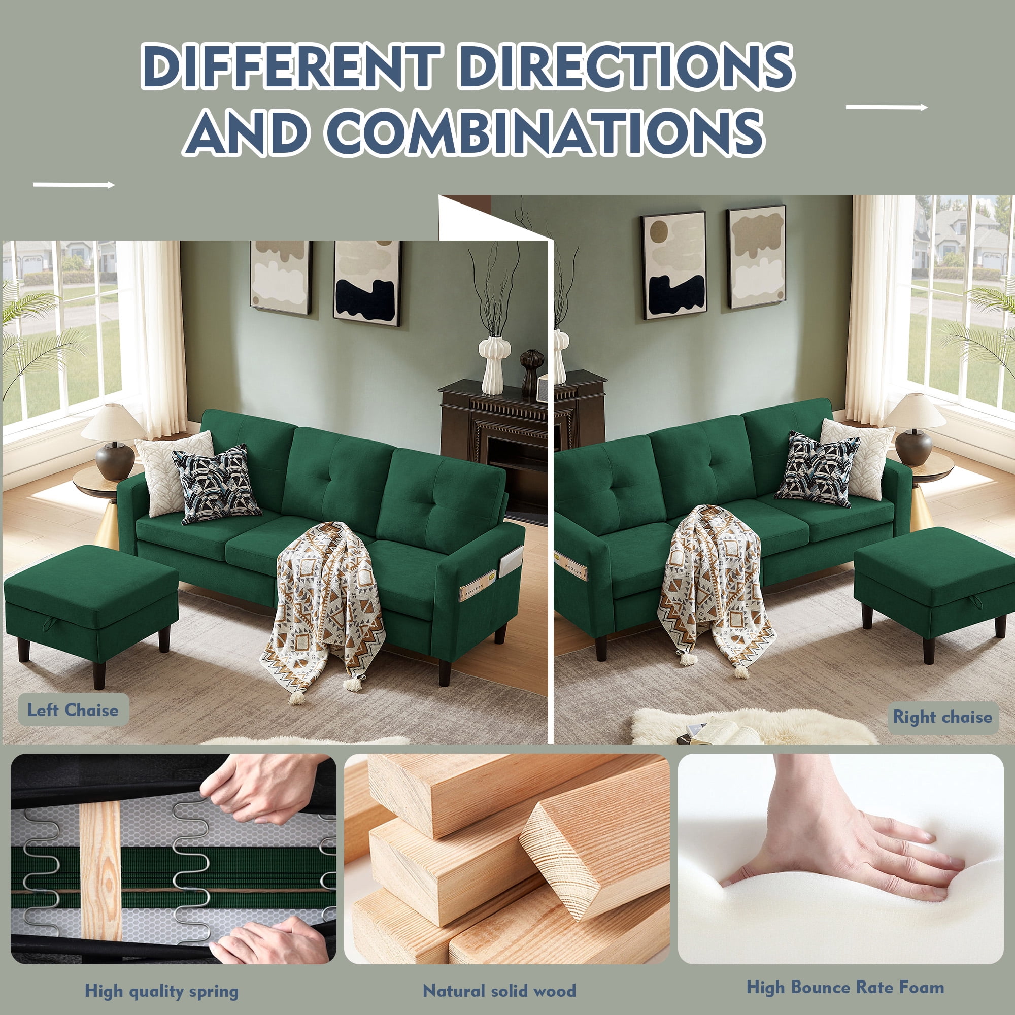Tornama Linen L Shaped Convertible Sectional Sofa with Reversible Chaise, Green