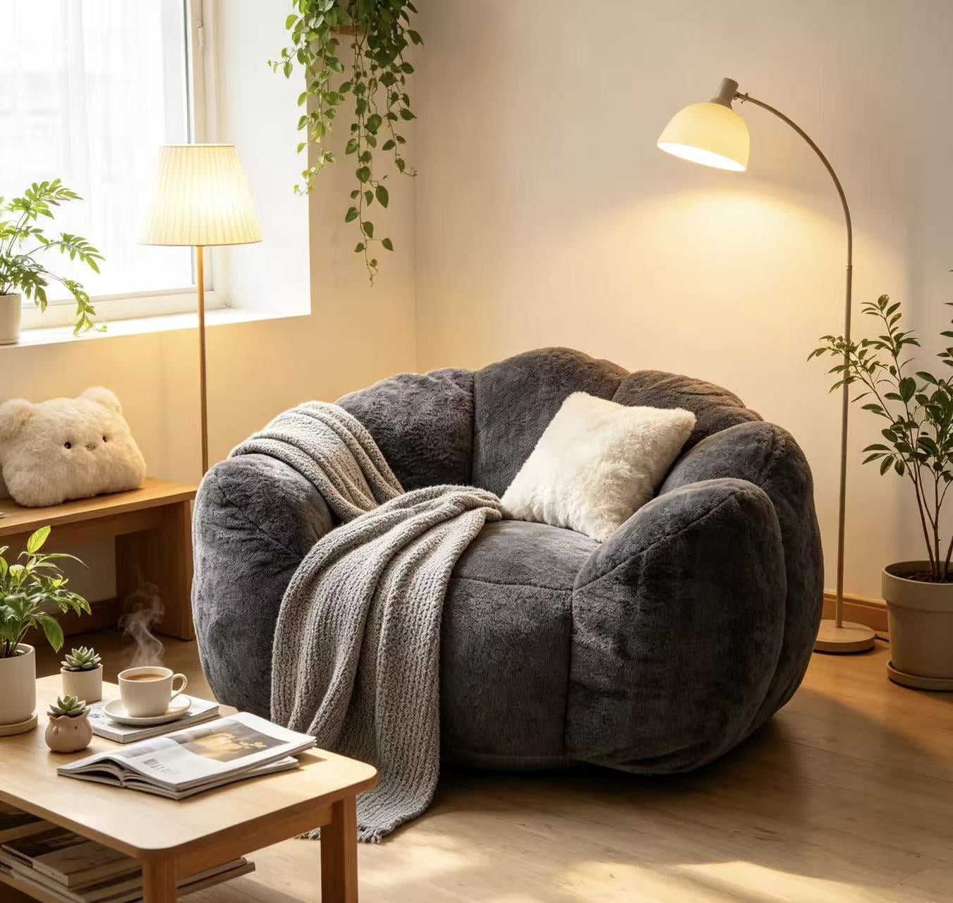 Leumius Cloud Lazy Sofa Chair,Velvet Bean Bag Chair,Comfortable Floral-Shaped Lounger Lazy Sofa for Bedroom/Living Room/Gaming,Antique Grey