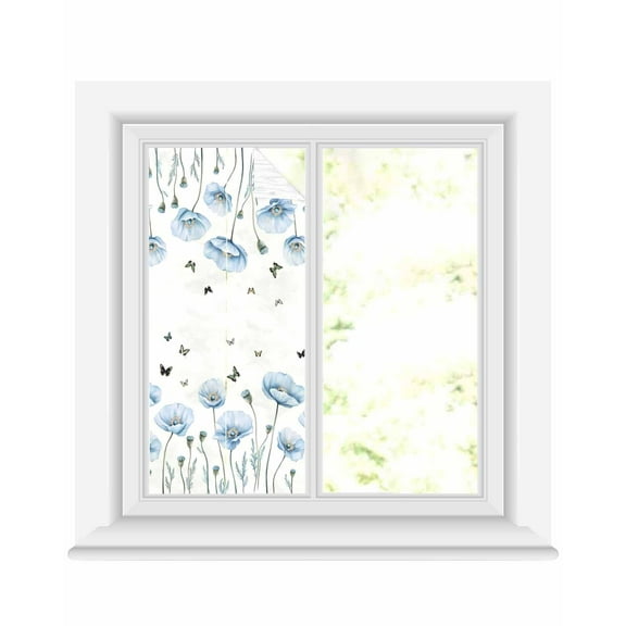 Window Privacy Film Blue Poppy Floral Stained Glass Window Film Decorative Sun Block Window Cover Spring Pastoral Butterfly Botanical Window Clings Static Adhesive Sticker for Bathroom 19.6"x39.3"