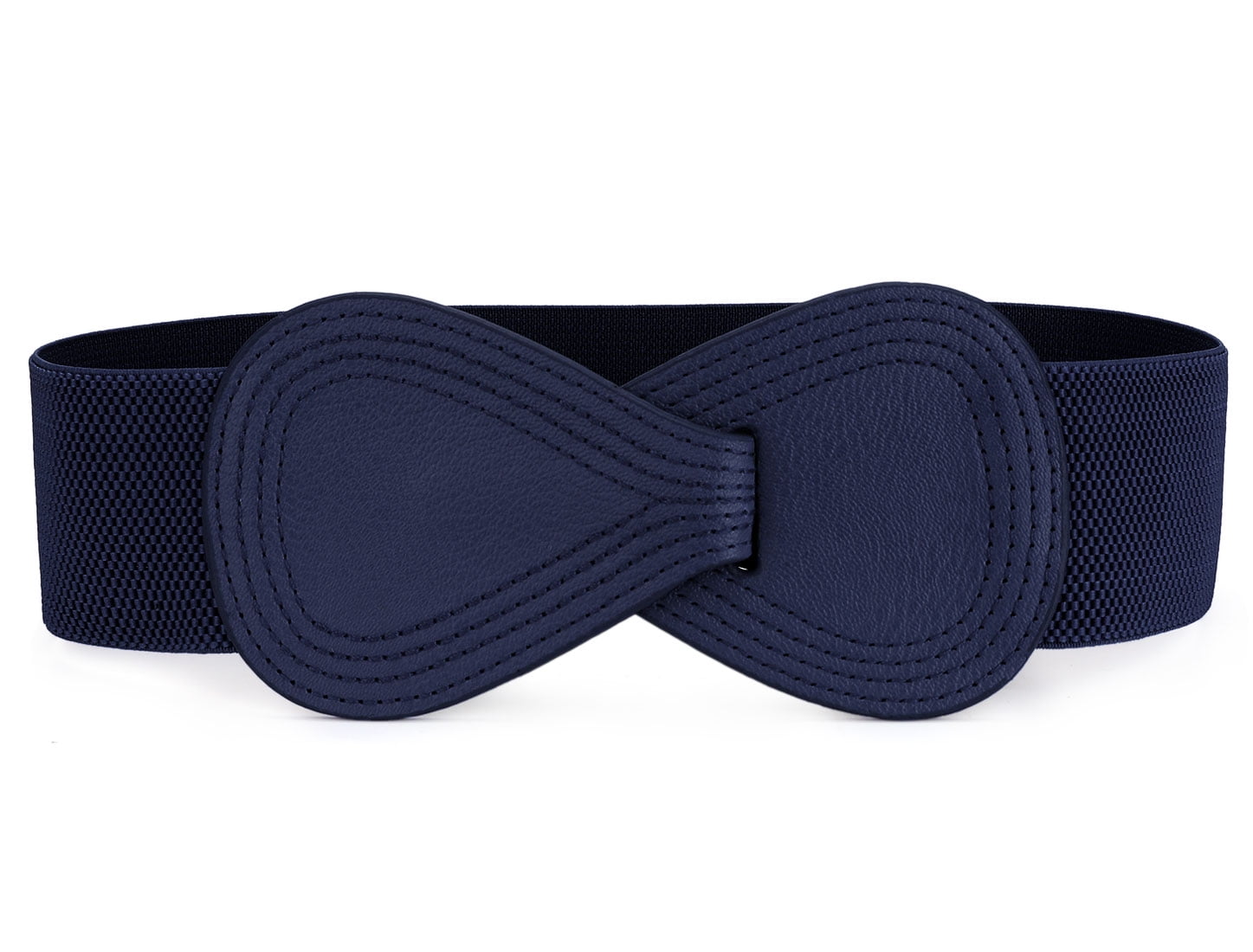 uxcell® Women Faux Leather 8 Shaped Interlocking Buckle Spandex Waistband Waist Belt Dark Blue 