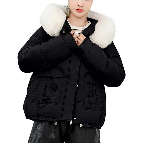 MIUOWANP Cotton-padded Jacket Lady clothes Long Sleeved Solid Color Hooded Jacket Black XXL