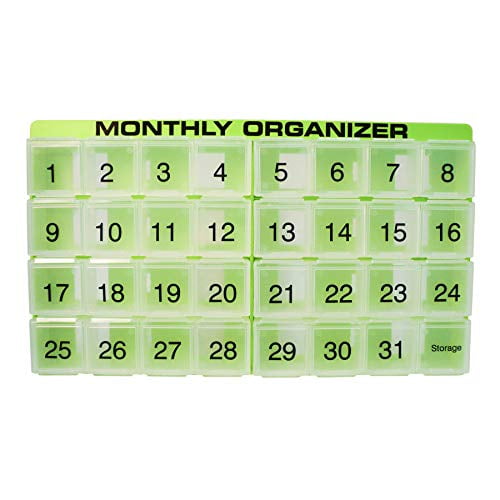 31 compartments, 1 per Day, 4 Week Monthly Pill Organizer by Promed. Includes Tray and 8 Removable compartments. (Green)
