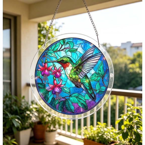 Stained Glass Style Suncatcher with Hummingbird Pattern Puzzle, 7.4" Acrylic Round Suncatcher Indoor Window Hanging Ornament for Home Wall Decor, Gifts for Hummingbird Lovers (Hummingbird, M)