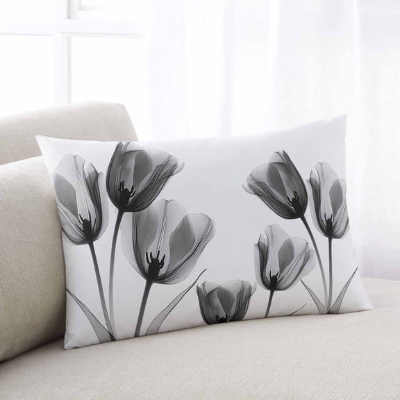 Black Grey Tulip Throw Pillow Covers, Flower Floral Modern Minimalist White Soft Breathable Pillow Cases with Zipper for Sleeping, Queen Size Pillowcases for Couch Bed Sofa Chair 20x30 Inches