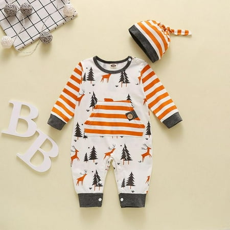 

Promotion!Baby Boy Christmas Romper Infant Baby Xmas Romper Jumpsuit Bodysuit with Hat 2pcs Outfit Set