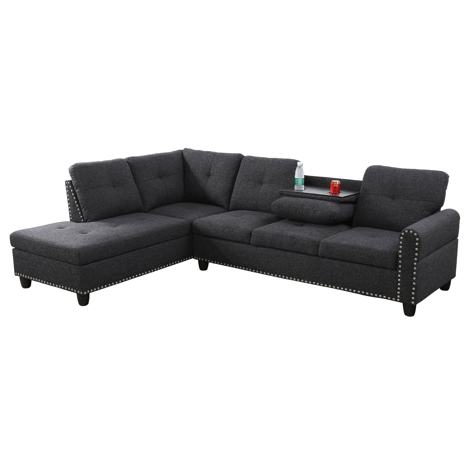L-Shaped Linen Sectional Sofa with Left Chaise, Modular Tufted Couch Nail-Head Lounge Sofa for Living Room, Black