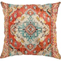 Boho Pillow Cover 20x20 Vintage Throw Pillow Covers Bohemian Antique Ethnic Decorative Pillow Cases Home Decor Square Linen Pillowcase, Orange