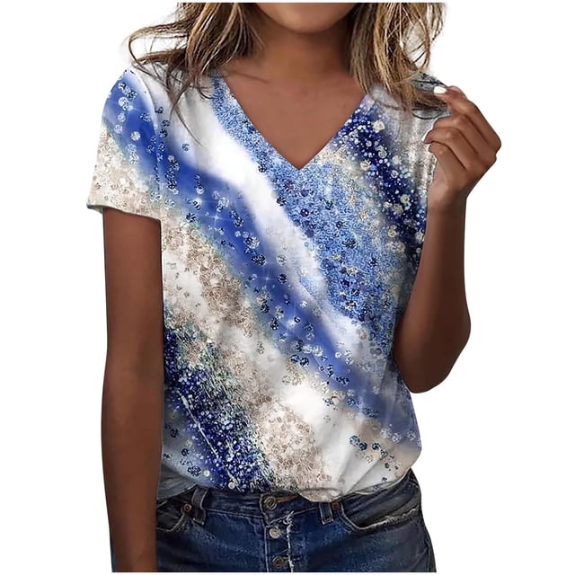 Pompotops Mode Femme Col en V Manches Courtes Chemisier T-Shirt d'Été d'Impression Lâches Hauts