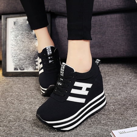 

ertutuyi fashion women s casual lace up sneaker canvas high-top thick bottom sport shoes black 38