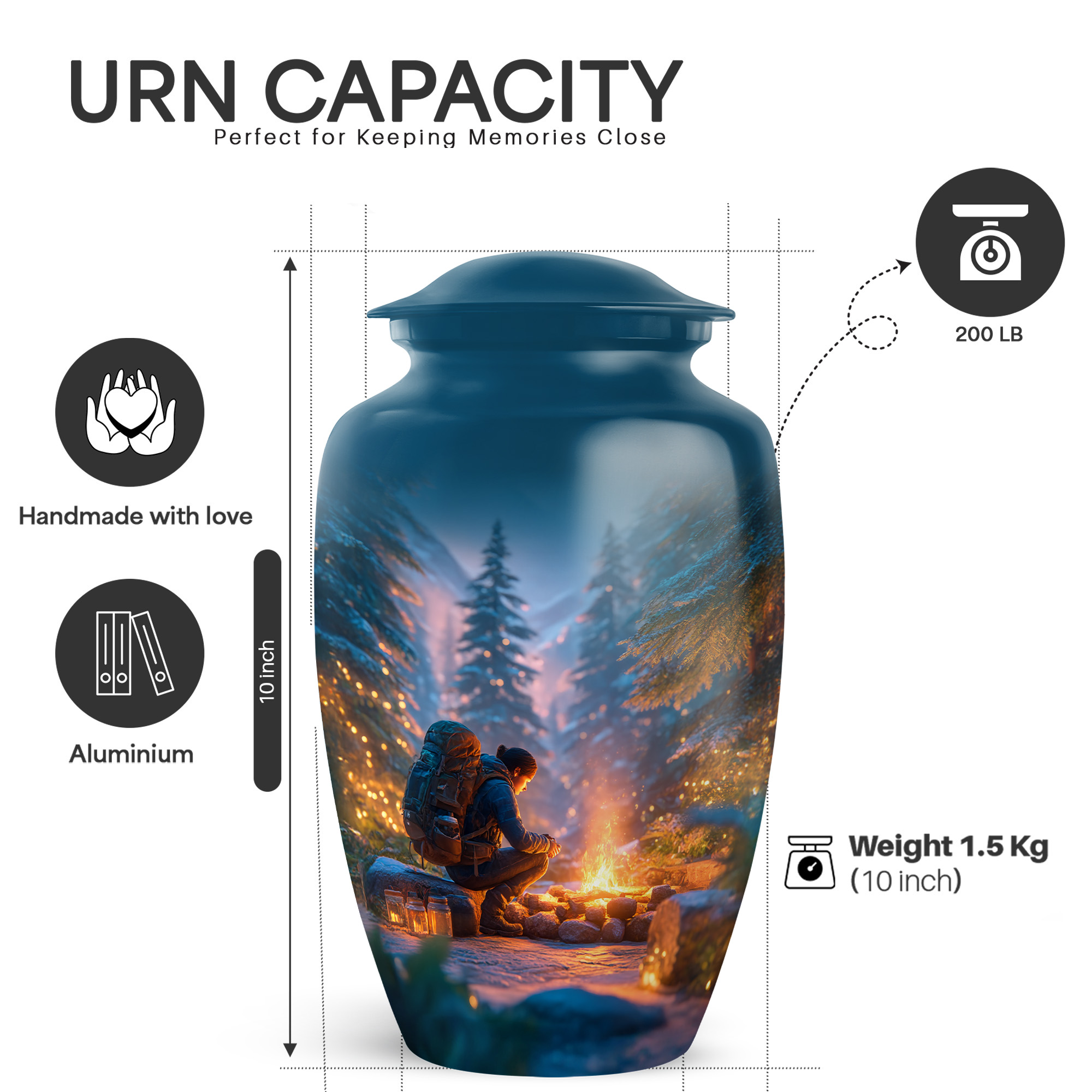 Yatskia Night Campfire Large Funeral Urns for Human Ashes Adult Men and Women, Decorative Cremation Urn for Ashes Adult Male, (Classic Large, 10 Inch)