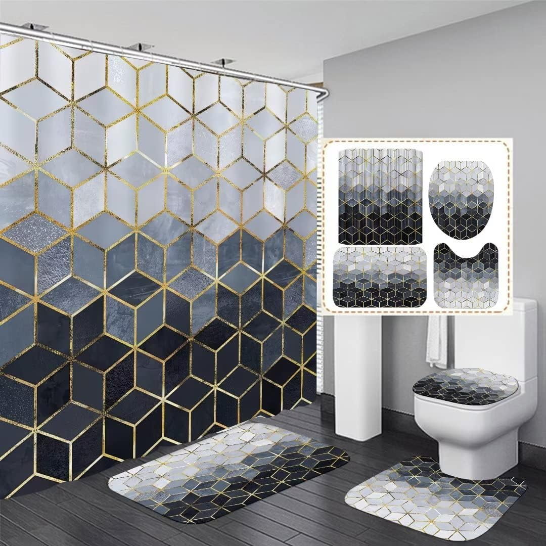 4Pcs Brown Gradient Shower Curtain Set, Modern Geometric Shower Curtain Set Golden Cubic Lines Bathroom Set Texture Art Bath Accessories with Mats