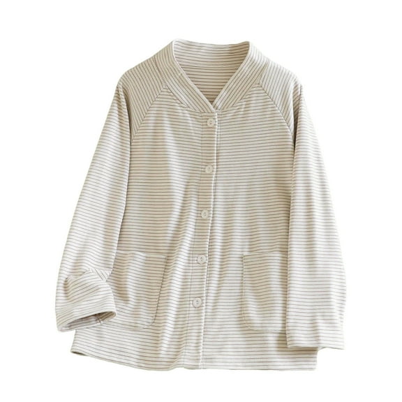 SwiftWear Cozy Women's Striped V-Neck Cardigan Pajama - Brushed Fleece Long Sleeve Top with Pockets, Home Soft Sleepwear & Loungewear Beige
