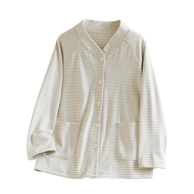 MeetoTime Womens Pajama Top Fall Winter Striped V-neck Button Long Sleeved Bottoming Shirt Home Clothes