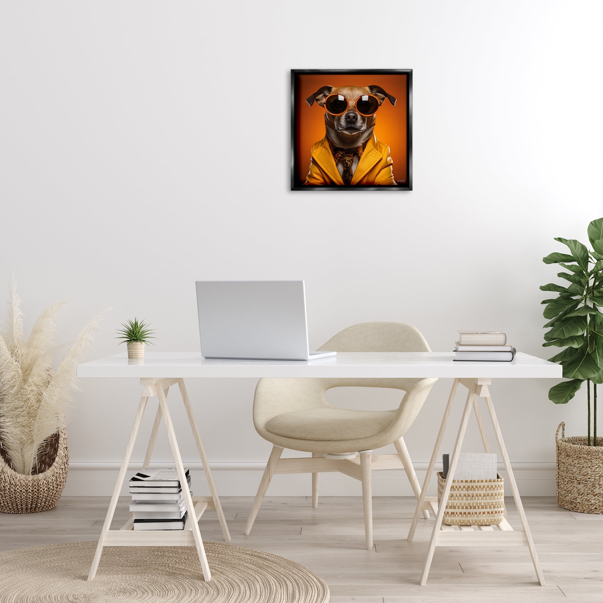 Stupell Industries Trendy Dog Yellow Suit Animals & Insects Painting Black Floater Framed Canvas Art Print Wall Art, 18 x 18