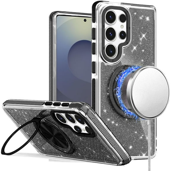 For Samsung s25 Ultra Glitz HQ Shimmer Glitter [Magnetic Ring Circle] with 360 degree Rotational Ring Kickstand Tough Hybrid Case - Black