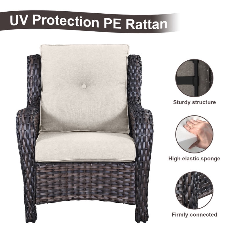 PARKWELL 4-Piece Outdoor Patio Furniture Set 5-Seat High Back Conversation Set with 41" Fire Pit Table and Deep Seat Wicker Chairs for Patio Garden Deck,Brown Wicker Beige Cushions