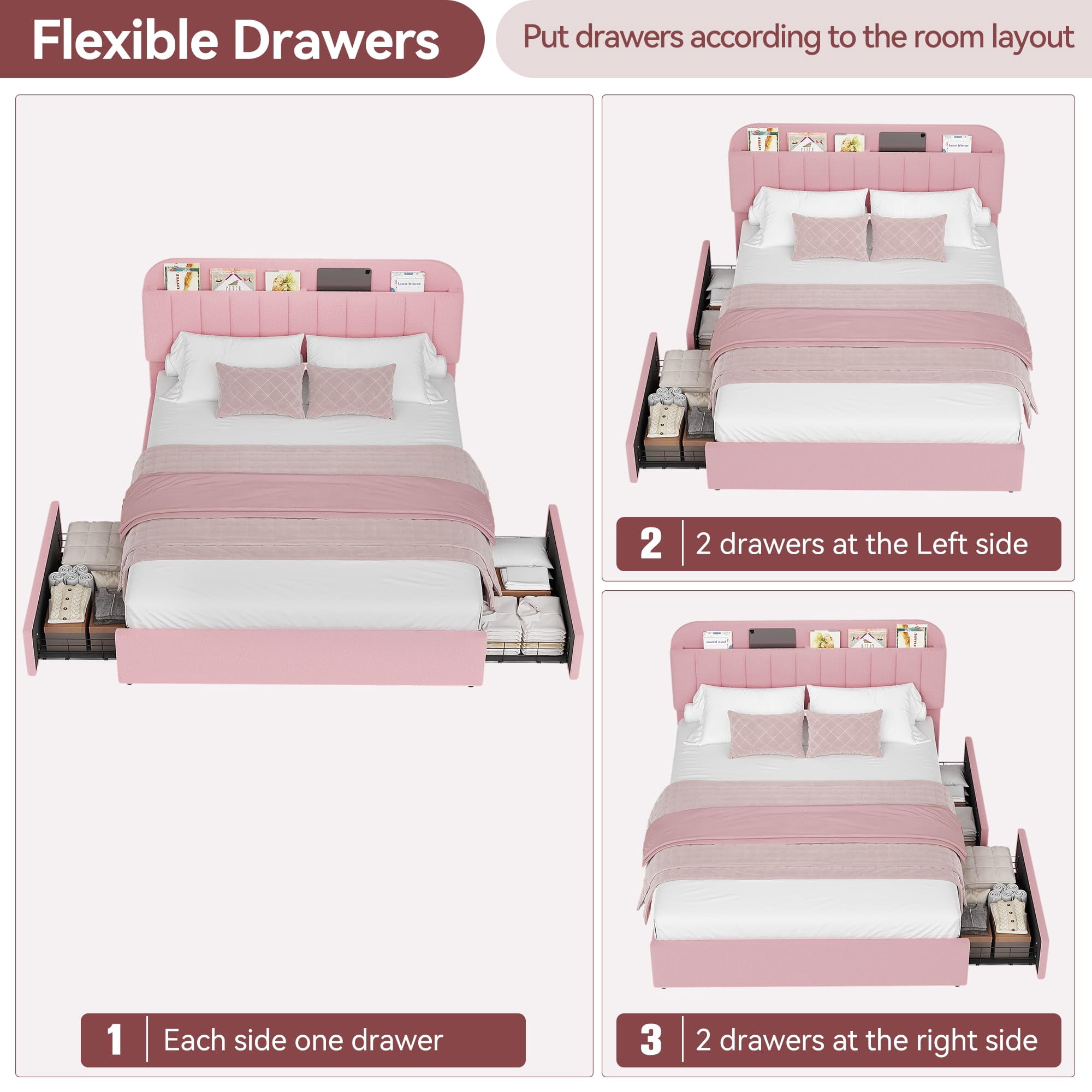 Queen Bed Frame, Boucle Upholstered Platform Bed Frame with Storage Headboard & 2 Flexible Drawers, Easy Assembly, No Box Spring Needed for Teens, Adults
