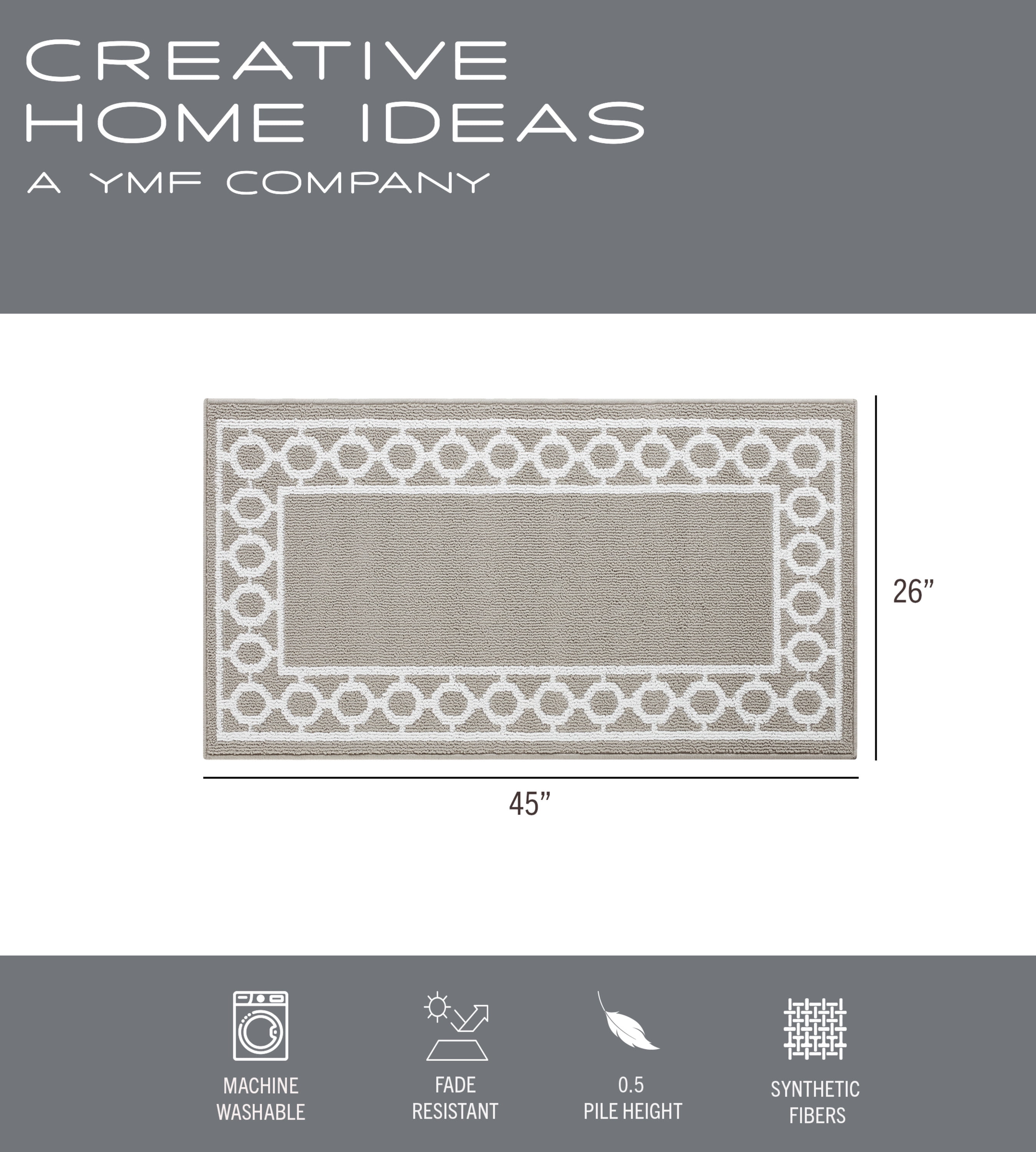 Washable Skid-Resistant Runner Rug, Trellis Border, Light Grey and White, 26" x 45"