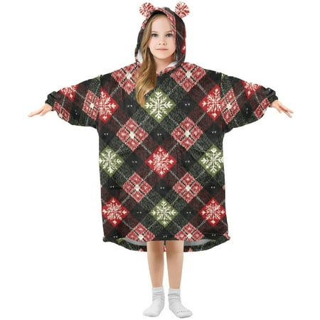 Dark Green Red Checkerboard Snowflakes Christmas Flannel Wearable Blankets Hooded Design Long Sleeves Wrap Unisex for 3T-14Y L Dark Green Red Checkerboard Snowflakes Christmas Flannel Wearable Blankets Hooded Design Long Sleeves Wrap Unisex for 3T-14Y L