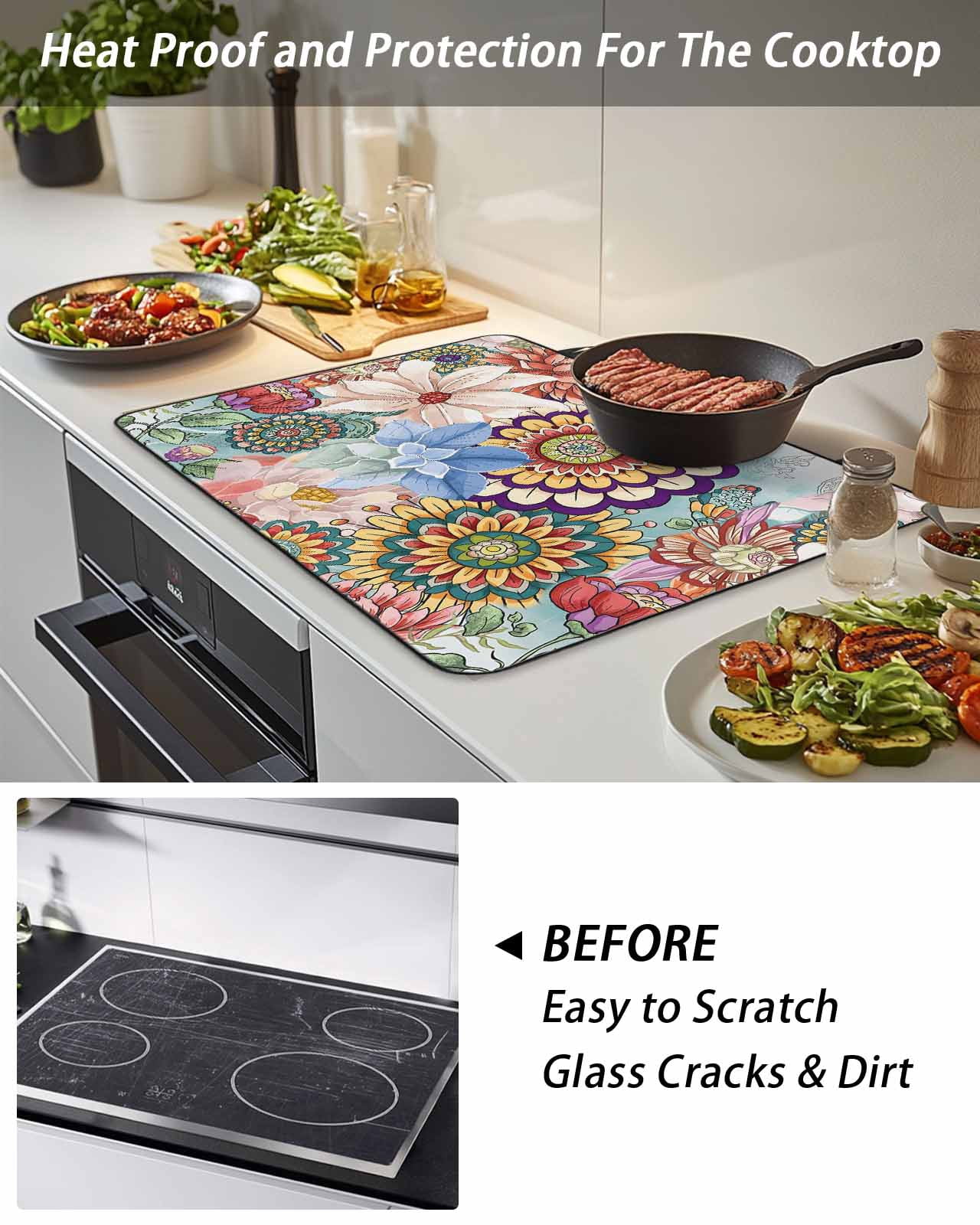 Stove Top Covers for Electric Stove, Boho Floral Glass Stovetop Cover Protector, Bohemia Colorful Mandalas Botanical Flower Induction Cooktop Protector Oven Mat for Kitchen Countertop 24"x21"