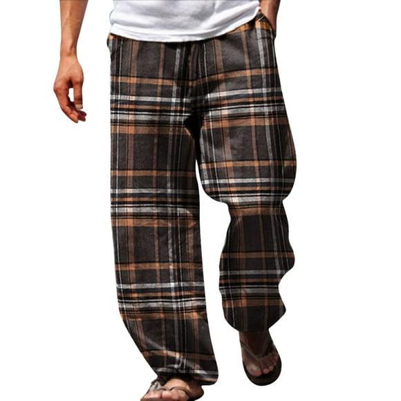 MITCOWBOY Men Linen Pants Mens Classic Plaid Print Sunshine Chiffon Double Pocket Thermal insulation Loose Trousers Mens Pants Casual Beach Pants for Men Black XXL Clearance!