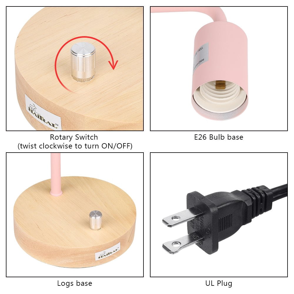 Edison Industrial Table Lamp, Wooden Base with Metal Frame with Rotary Switch - Pink