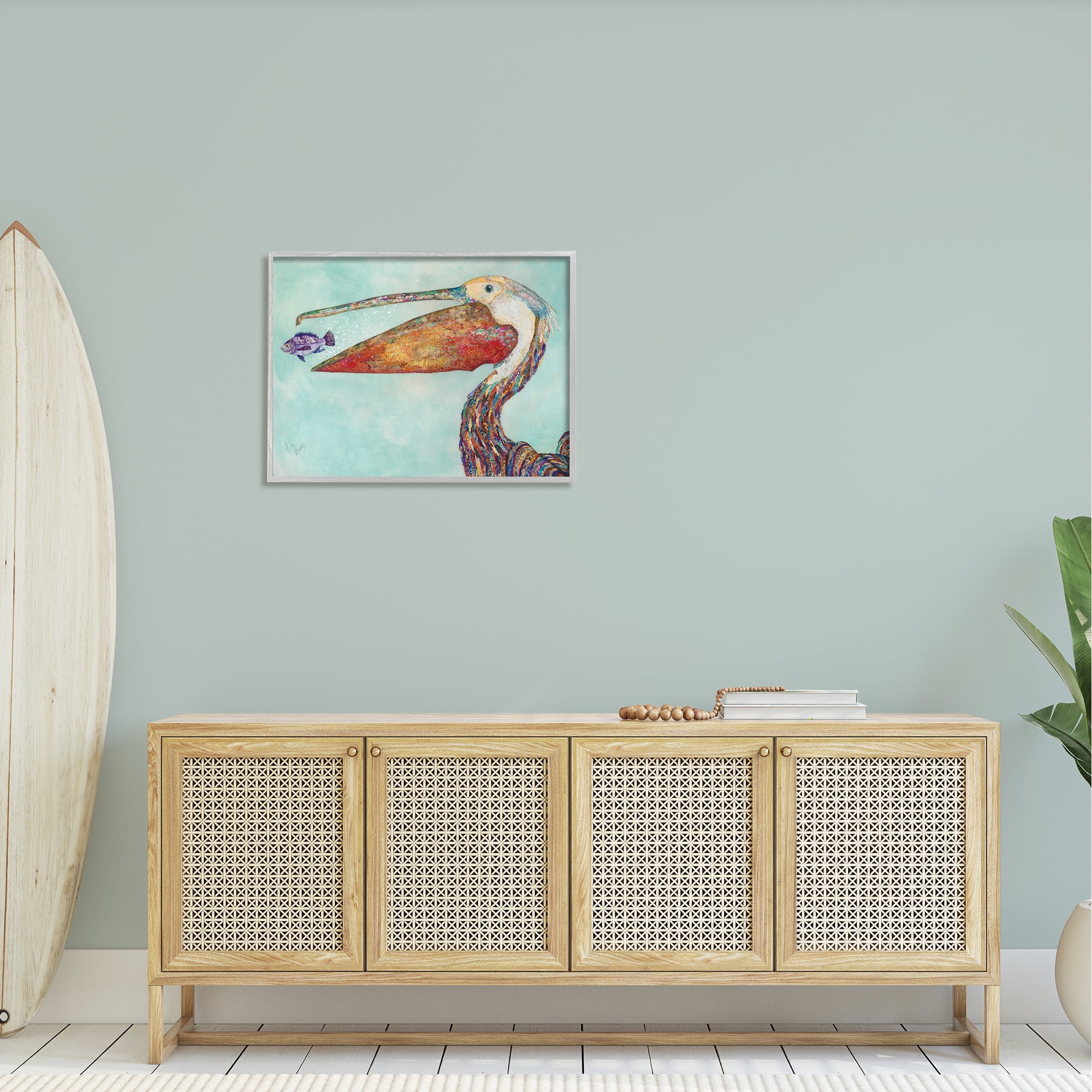 Stupell Industries Pelican's Lost Supper Fish and Patterned Feathers Graphic Art Framed Art Print Wall Art, 30x24, By Lisa Morales