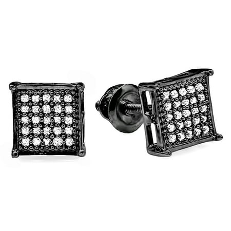 Hip Hop Diamond Earrings - 0.15 Carat (ctw) Black Rhodium Plated Real Diamond Square Mens Hip Hop Iced Stud Earrings