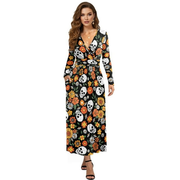 FKELYI Womens Long Sleeve Maxi Dress Hippie Floral Skull Print Soft V-neck Casual Dress with Pocket Fall Dresses for Spring Winter, M