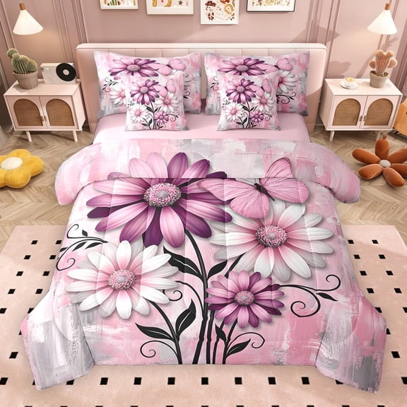 Erosebridal Pink Daisy Twin Bedding Sets for Girls, Watercolor Ombre Bedding Comforter Set, Pink Reversible, 7 Pieces