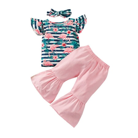 

Fullvigor Little Girls Flamingo Tops Flare Pants with Headband Summer 3PCS Outfit Set
