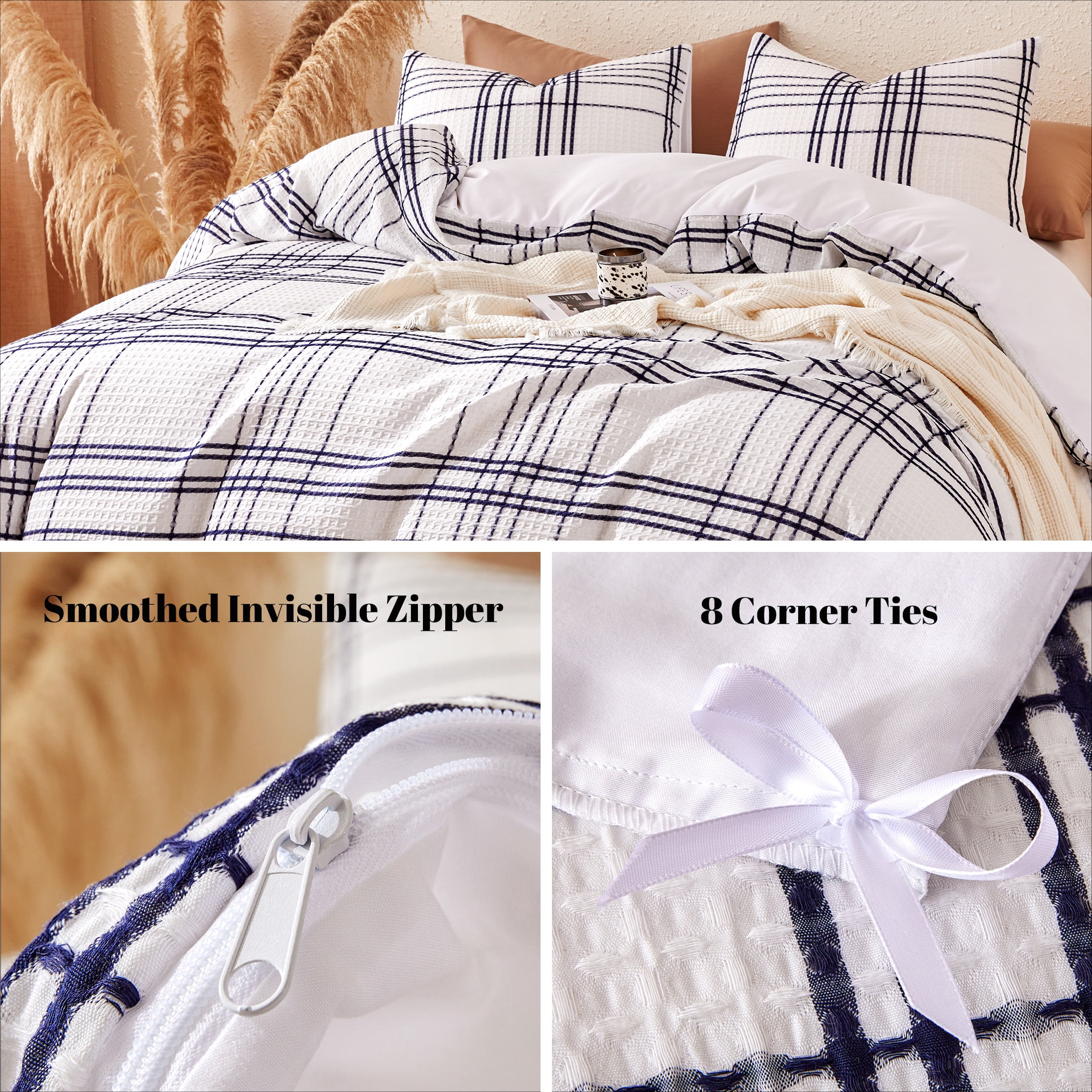 Sonive Waffle Duvet Cover Set Blue Grid, 3 Pieces Modern Pattern Waffle Weave with Pillow Sham, Full