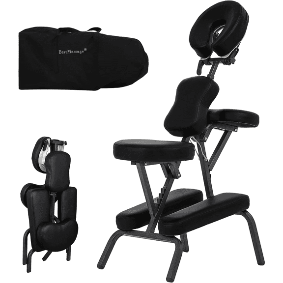 BORGEBY Portable Massage Chair, Foldable Tattoo & Spa Chair with Adjustable Face Cradle, Leather Pad & Carry Bag, Black