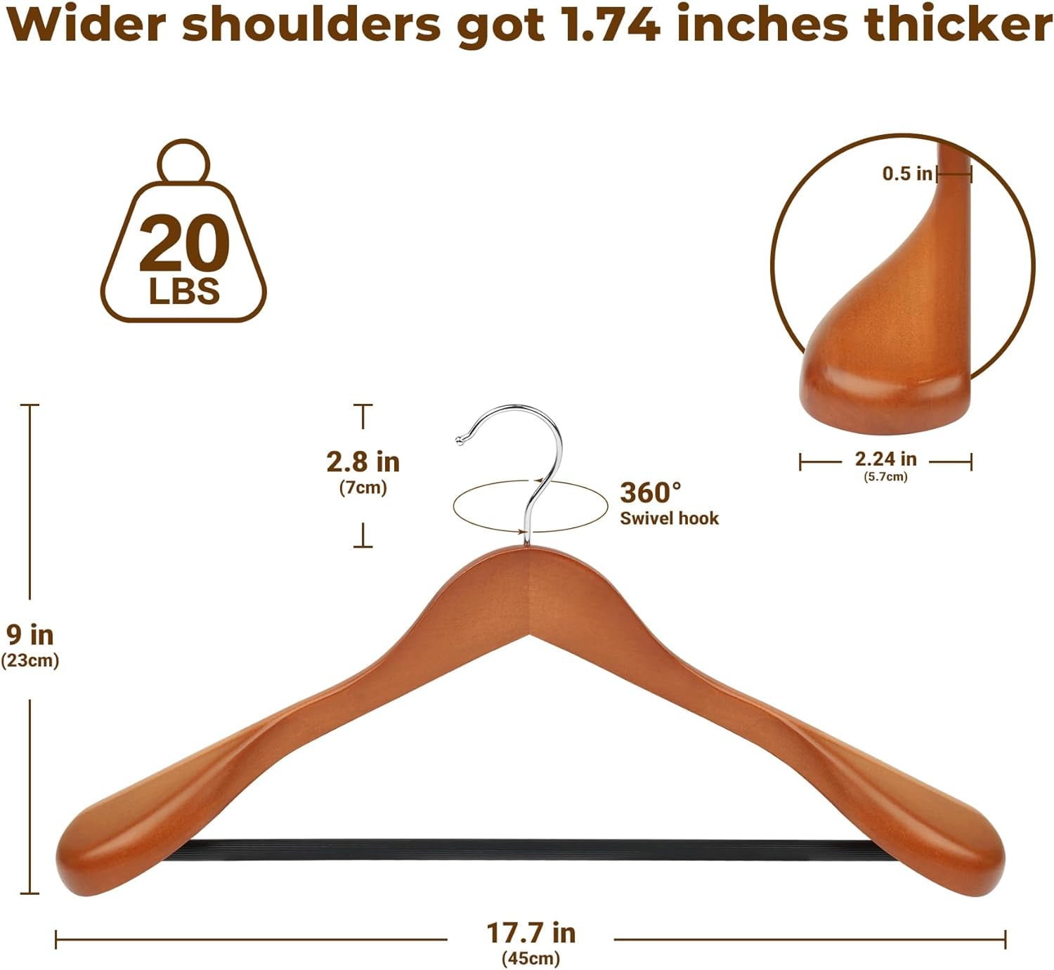 Coat Hanger 8-Pack,  Wood Hangers Trouser Hangers Extra Wide Shoulder Wooden Hangers for Heavy Coat, Sweater, Skirt, Suit, Pants, Retro Finish